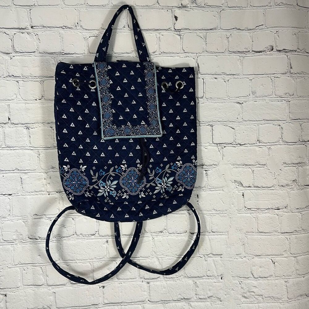 Navy Blue Drawstring Backpack Quilted Paisley Bucket Bag